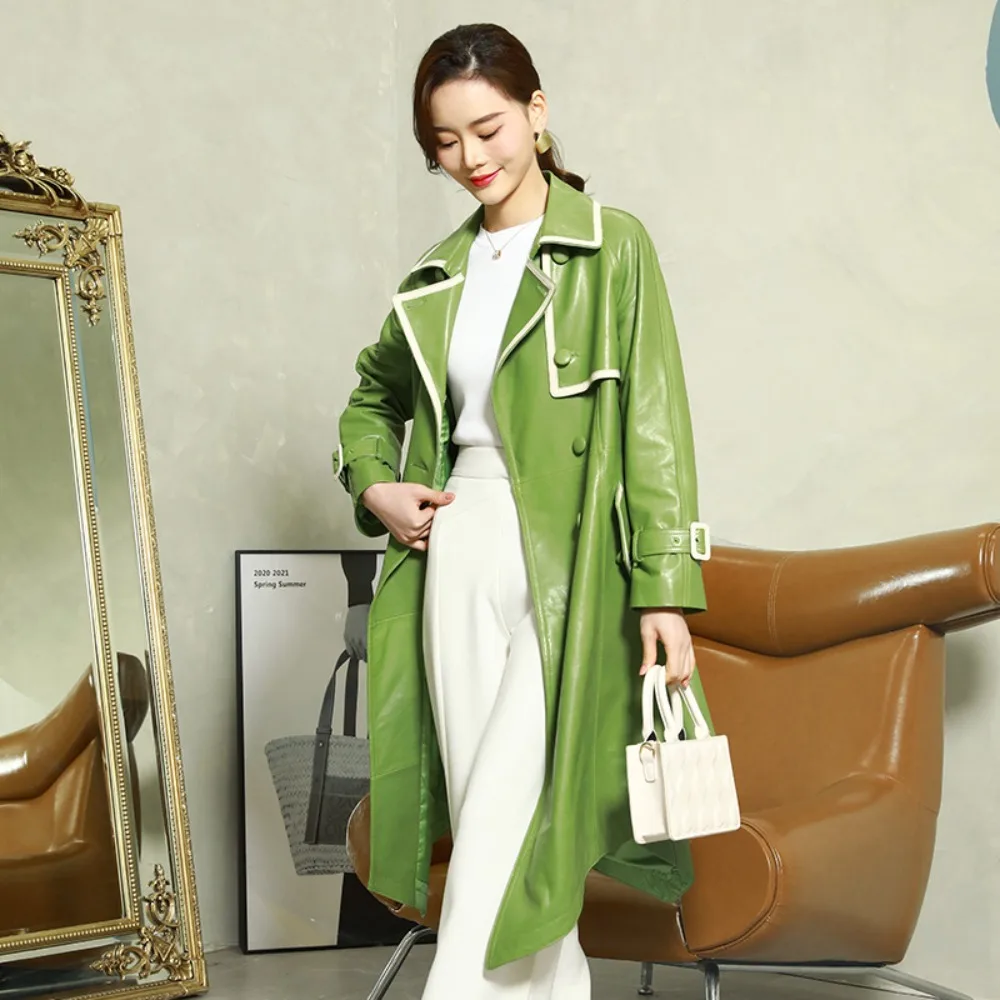 

Весенне-осеннее пальто из натуральной кожи для женщин, длинное, из овчины, приталенное, верхняя одежда