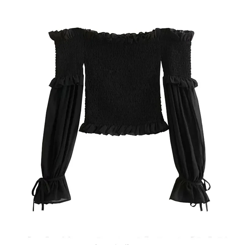 Off Shoulder Fashion Pleated Bow Blouse 2024 Spring Women Long Sleeve Cropped Tops Solid Color Ladies Shirt Lace Up Corset 12813