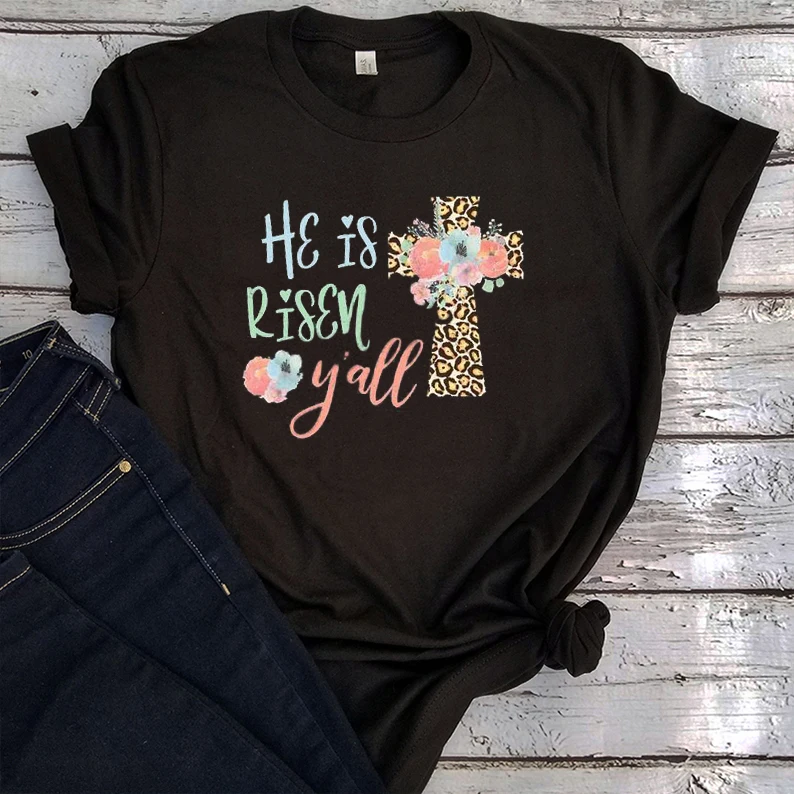 He Is Risen Y'all Shirt Cute Easter 2022 Fashion Women Shirt Leopard Print Cross Easter Tee Christian Classic White Top