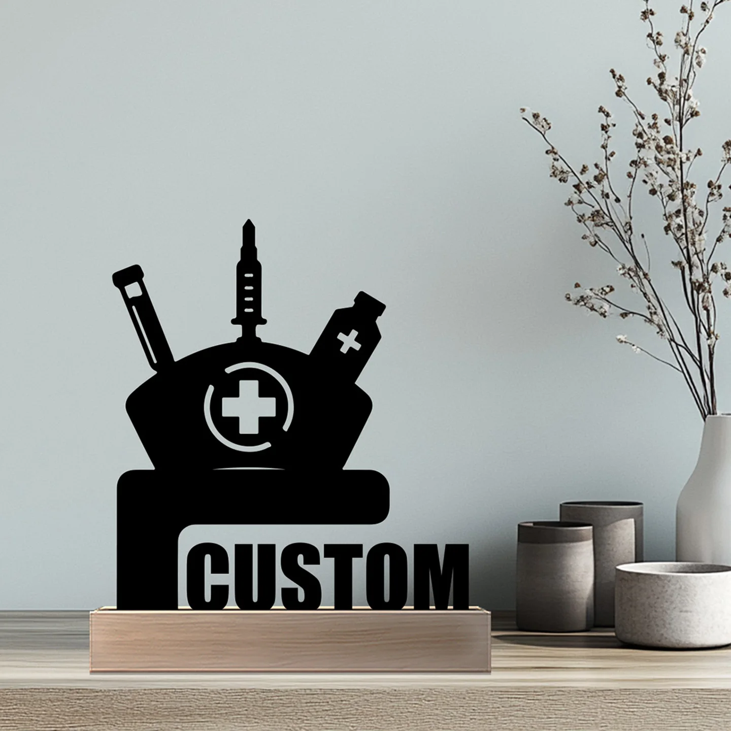 1 pc pretty Nurse uniform Custom Text Iron Statue With Wood Base Tin Ornament With Wood Base Art Figurine With Wood Base 