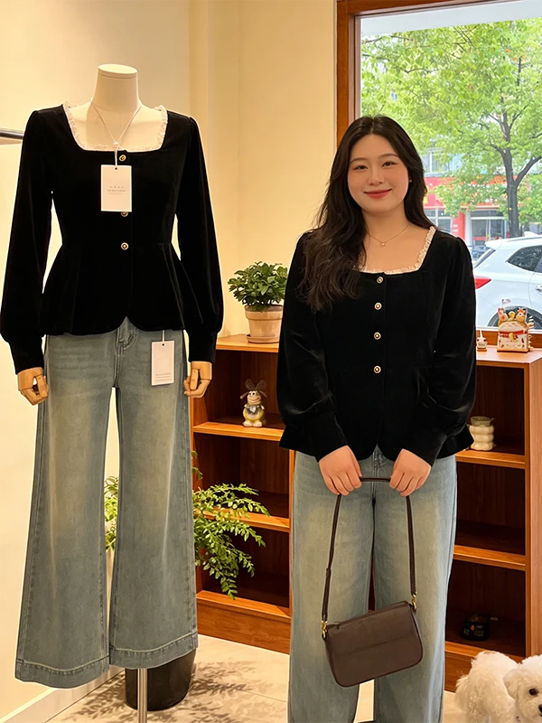 

plus Size Women's Velvet Shirt Spring 2026 Waist Cinching Slimming Square Collar High End Feel Top Commute Style Lantern Sleeve