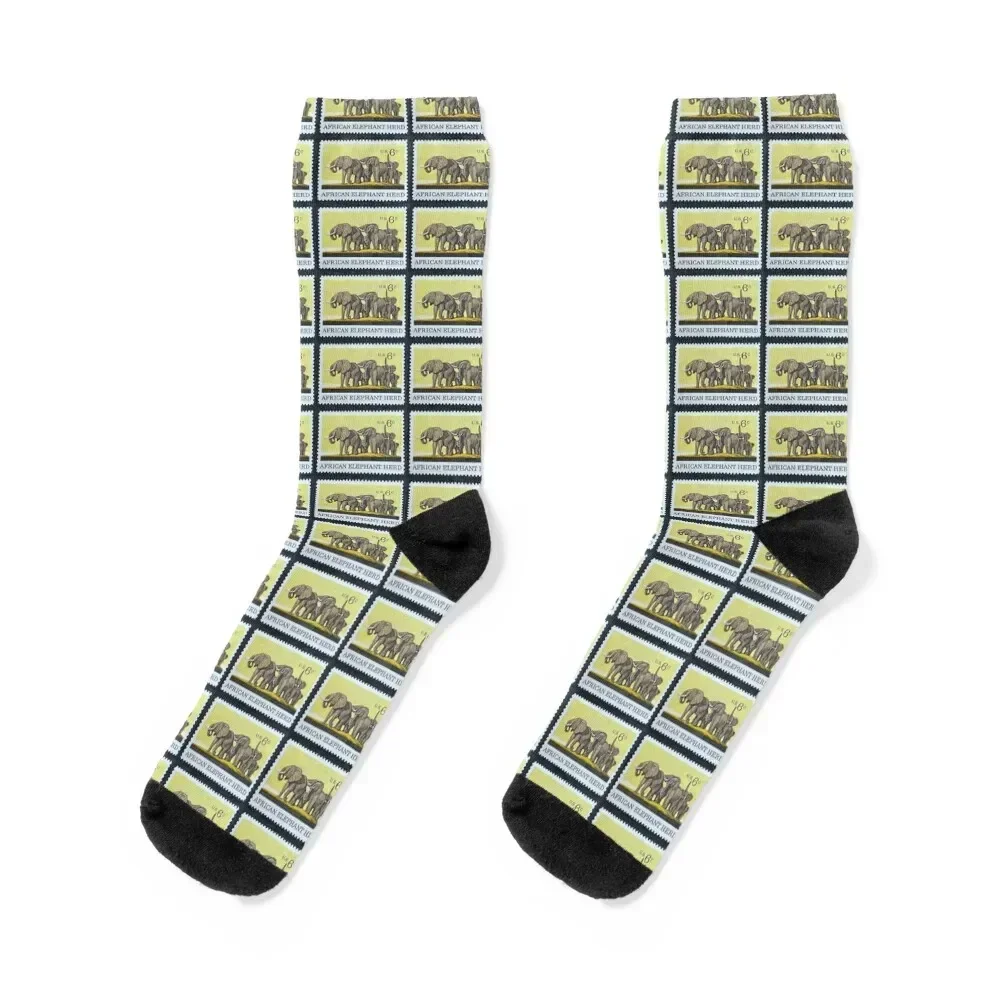 African Elephant Herd Vintage Postage Stamp Socks hockey soccer anti-slip with print bright garter Ladies Socks Men's