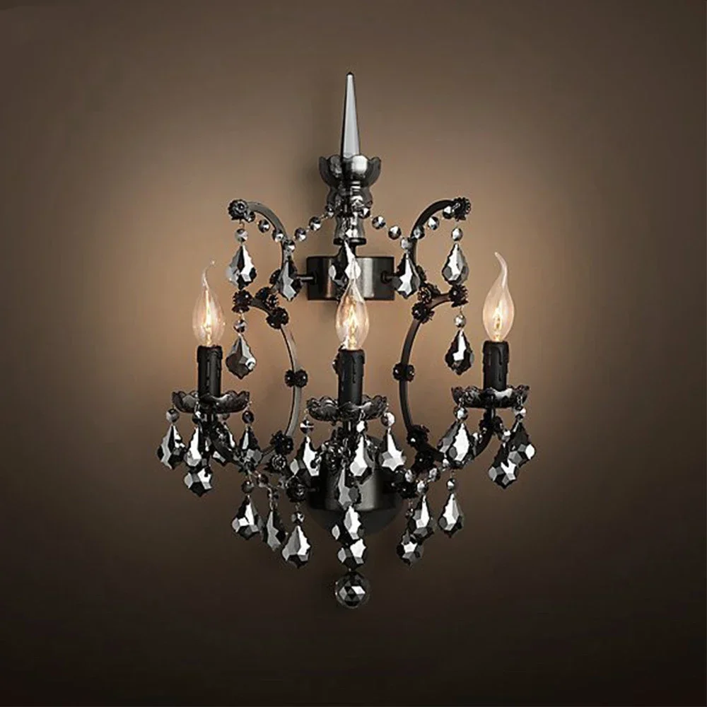 Exquisite Style Log House Crystal Sconce Wall Decor LED Clear Smoke Crystal Chandelier Vintage Rustic Black Foyer Light Fixture