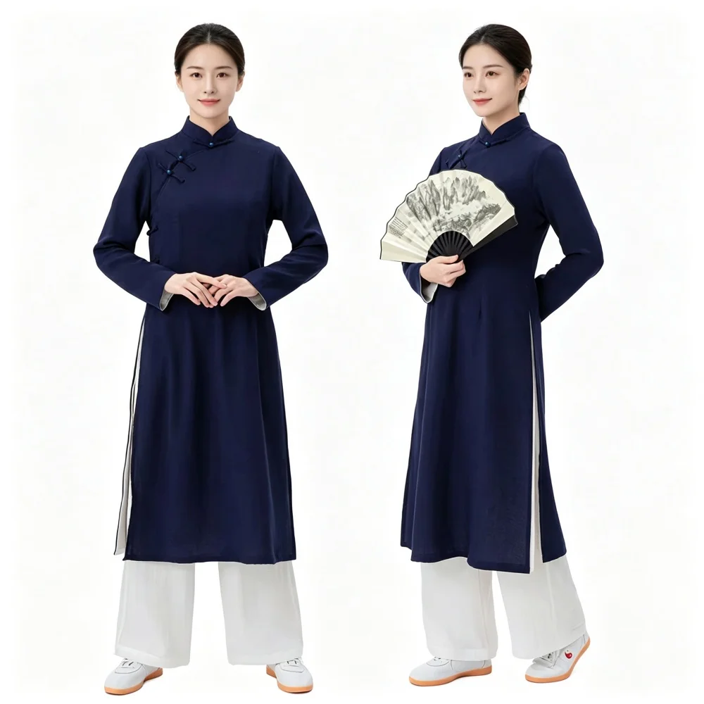 Women Tai Chi Uniform Ao Dai Style Long Top Wide Leg Pants Set Chinese Wushu Martial Arts Training Performance Outfit
