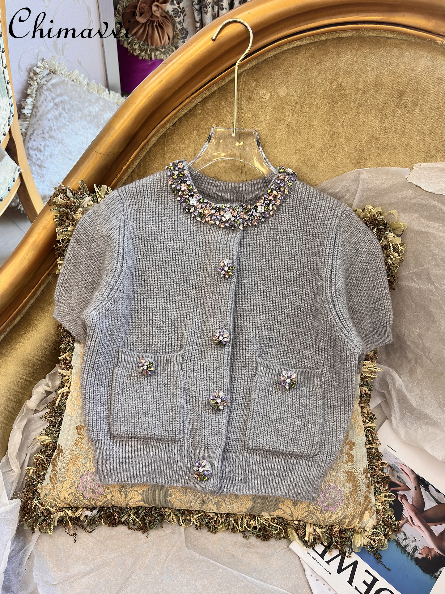 

Autumn New Heavy Beaded Collar Round Neck Slim Fit Short Sleeve Knitted Cardigan Fashion Loose Elegant Women's Sweater Jacket