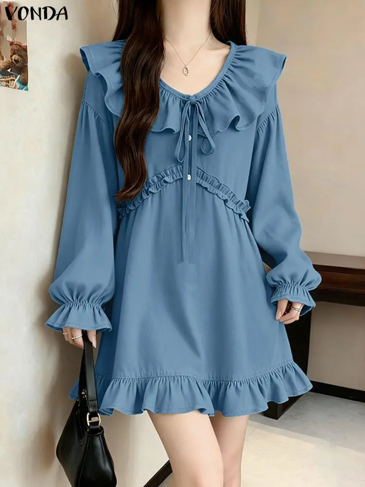 

VONDA женские мини-платья с рюшами, модный однотонный вечерний сарафан с длинными рукавами, весенний повседневный свободный бандажный уличный халат с v-образным вырезом
