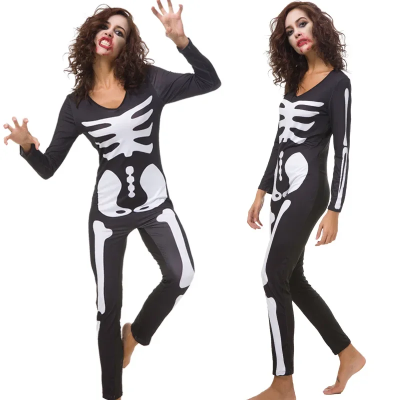 Halloween Skeleton Jumpsuit Cosplay Costume Women Carnival Party Scary Print Skull Zombie Ghost Bodysuit Role Playing