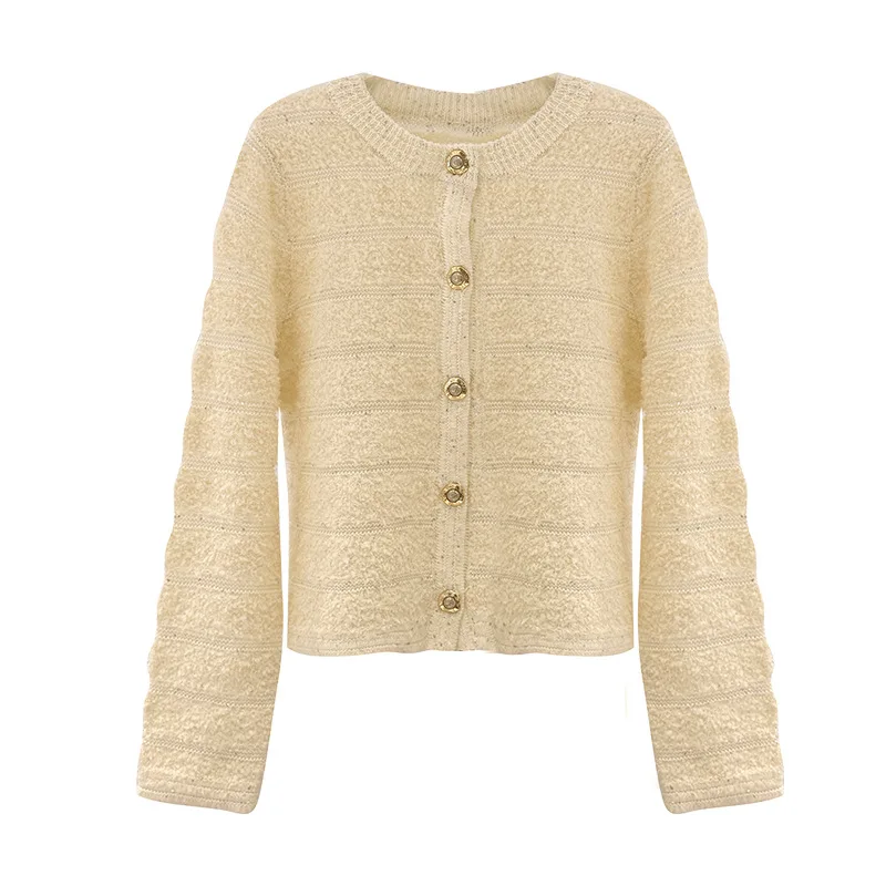 Round Neck Knitted Long Sleeve Light Luxury Small Fragrance Cardigan Women Beige Black Simple Loose French Lady Sweet Top