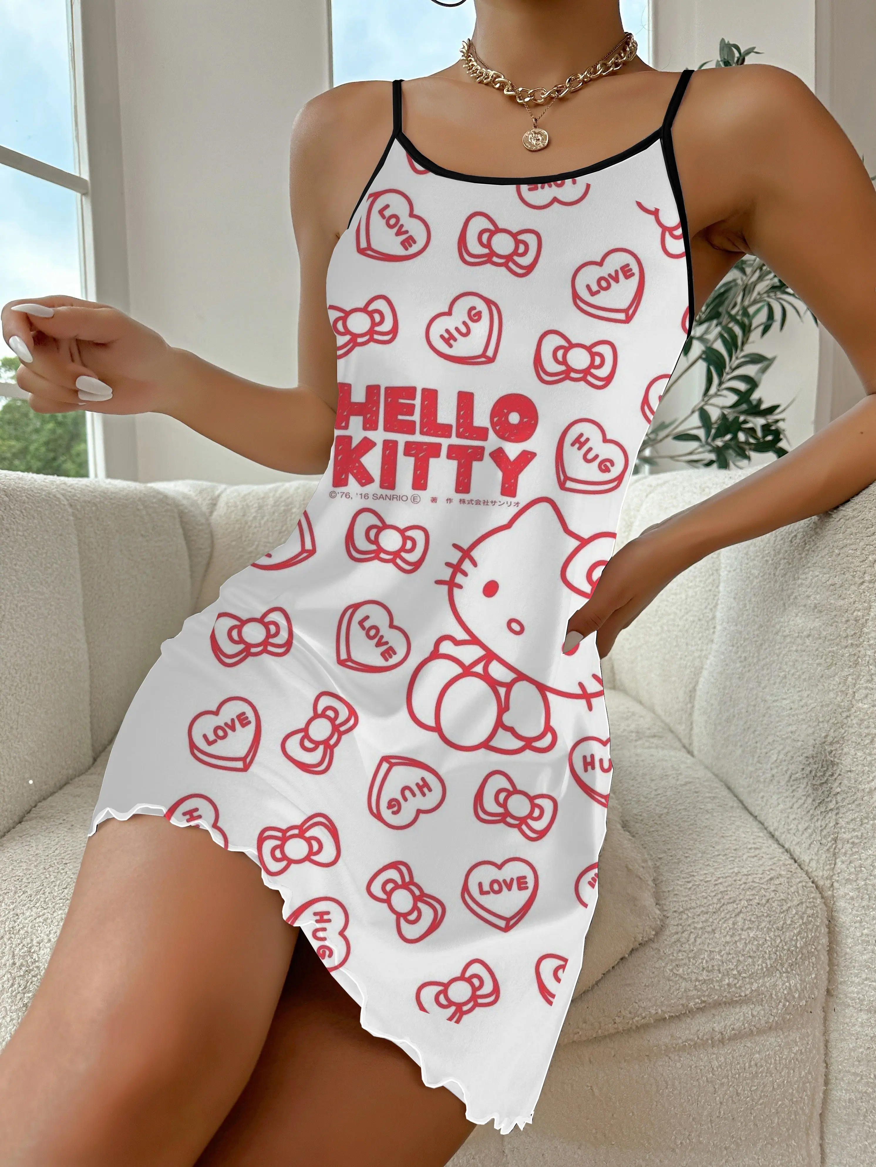 Mini Dress Elegant Dresses for Women Satin Surface Pajama Skirt Lettuce Trim Hello Kitty Crew Neck Fashion Summer 2024 Chic Sexy