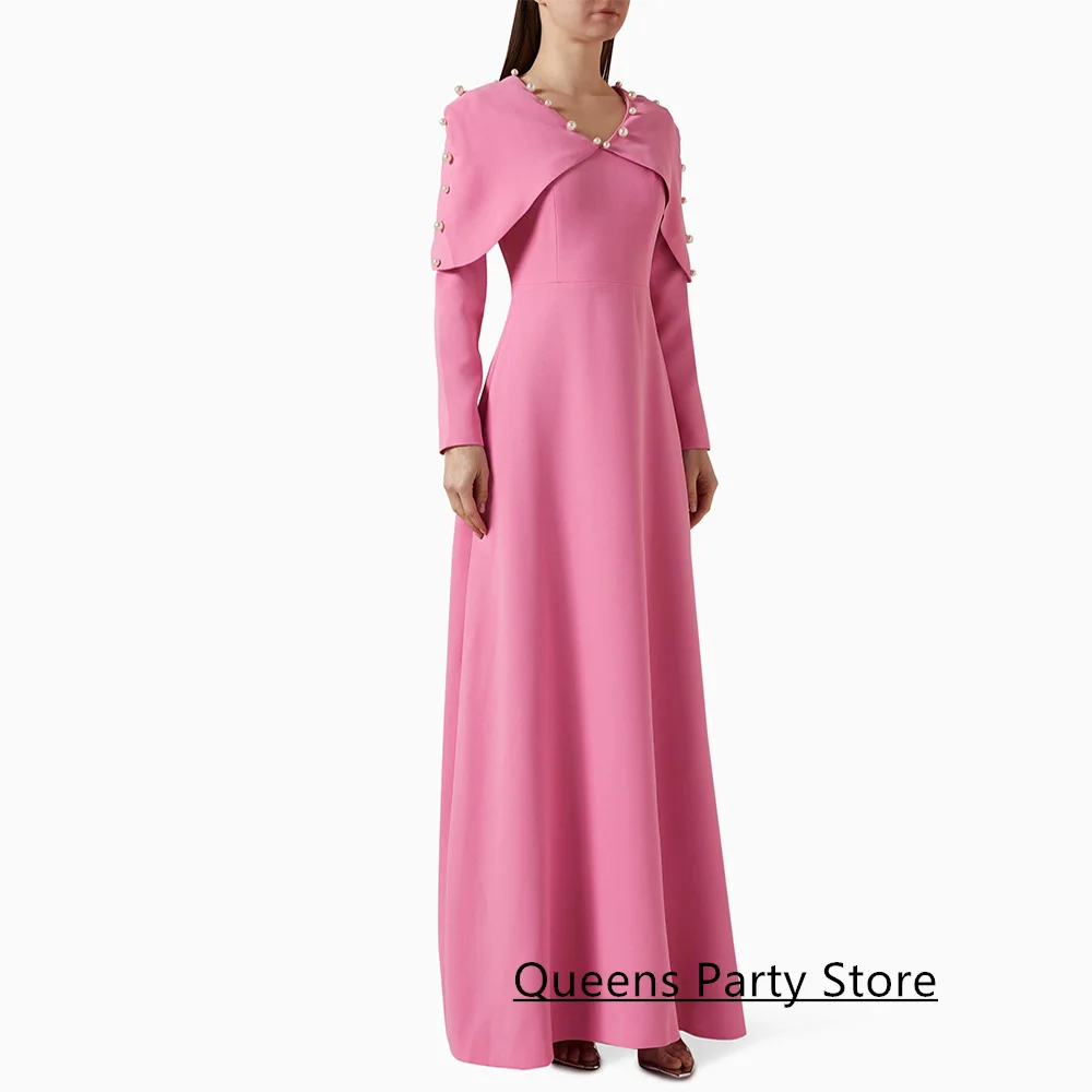 

Simple Pearls Evening Dress New Arrival Customized V Neck Long Sleeves with Cape A Line Saudi Arabian Prom Gown for Woman