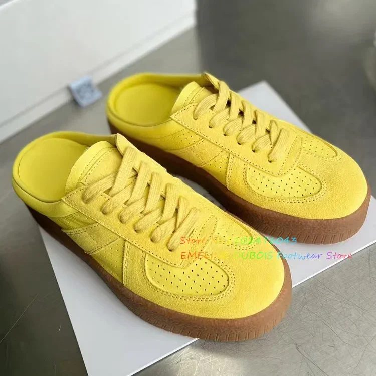 

2025 New Sponge Cake Thick Bottom Genuine Leather One Step Stepping Slippers Height Increase Outdoor Big Head Lazy Shoes