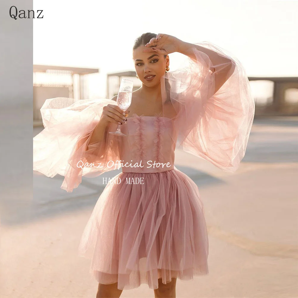 

Qanz Dirty Pink Cocktail Dresses Tulle Ruffles Detachable Sleeves Dress Women Elegant Party Short A Line Vestidos Para Eventos