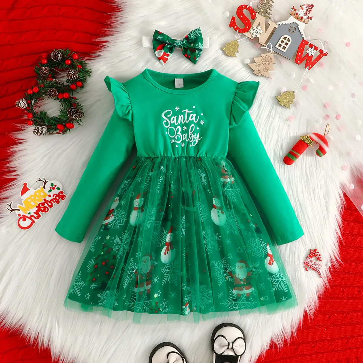 

Girl Clothes Christmas Dress with Headband Sets 4-7Y Long Sleeve Ruffle Tulle Dress Santa Snowman Print Kids Xmas Party Outfit