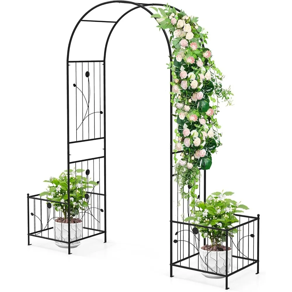 

Garden Arbor, 86" Metal Archway Pergola w/2 Side Planters, 8 Ground Stakes, Sturdy Metal Frame, Outdoor Arch Trellis