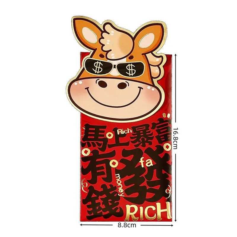 6-pack 2026 lentefestival rode envelop met paardencartoon, Chinees Nieuwjaar traditionele gelukszakjes voor groeten