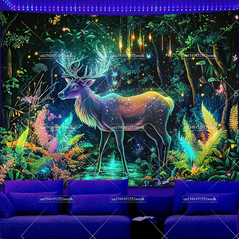 UV Reactive Animals Deer Blacklight Tapestry Forest Landscape Fluorescent Tapestrys Glow In The Dark Aesthetic Neon Backdrops