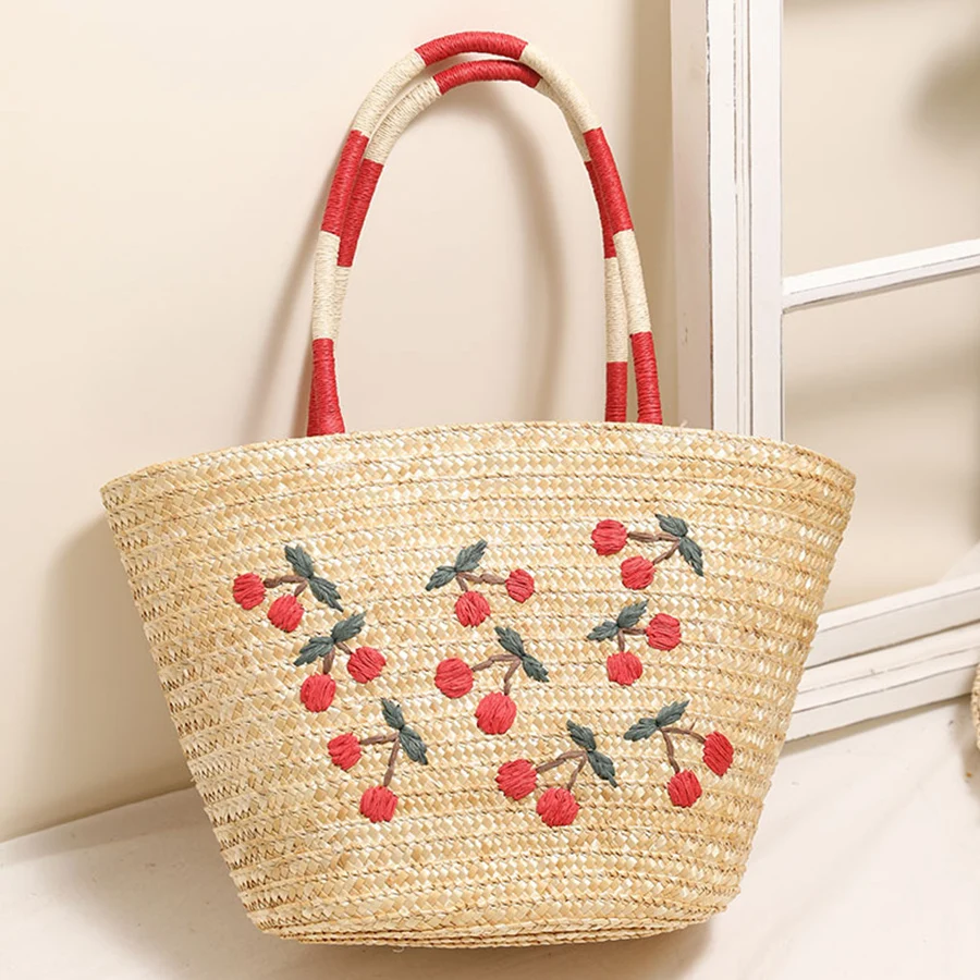 Summer Embroidered cherry single-shoulder bag new woven handabgs large-capacity wheat straw woven bag seaside vacation beach bag