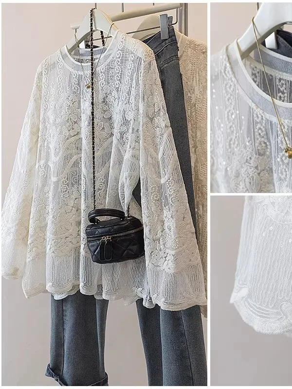 

Женский кружевной топ больших размеров с вырезами и цветочным узором, модный, весенне-осенний, для ношения под одеждой, с длинными рукавами, круглым вырезом, повседневный...