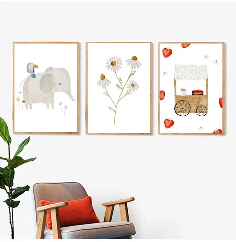 Bear Deer Pine Tree Elephant Fox Strawberry Wall Art Canvas Painting Nordic Poster and Prints Wall Pictures Baby Kids Room Decor