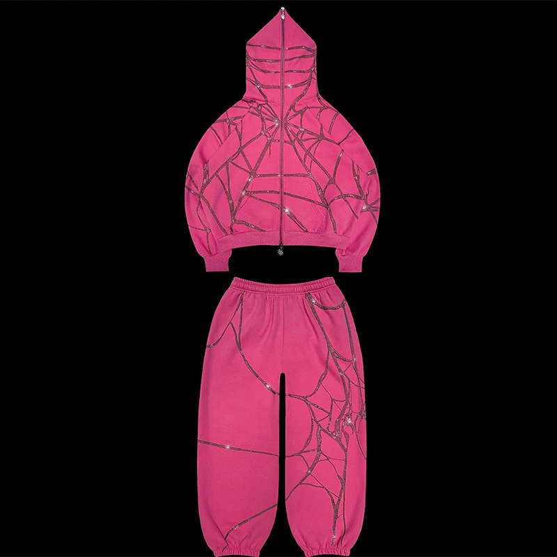 Unisex Full Zip Up Spider web with diamonds Hoodie Women Men Oversized Retro Hoodie Women Black And Pink Joggers Two Piece Set