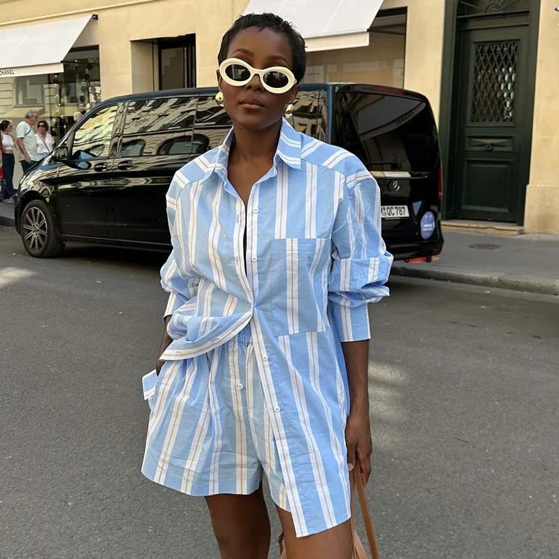 

Women Shorts Pant Set Two Piece Sets Striped Turn Down Collar Full Sleeve Shirt Short Pants High Waist Y2k Streetwear Casual