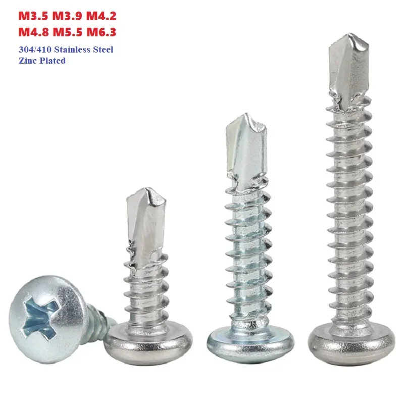 M3.5 M3.9 M4.2 M4.8 M5.5 M6.3 Phillips Round Head Self Drilling Screw 304/410 Stainless Steel Zinc Plated Hardiflex Screw