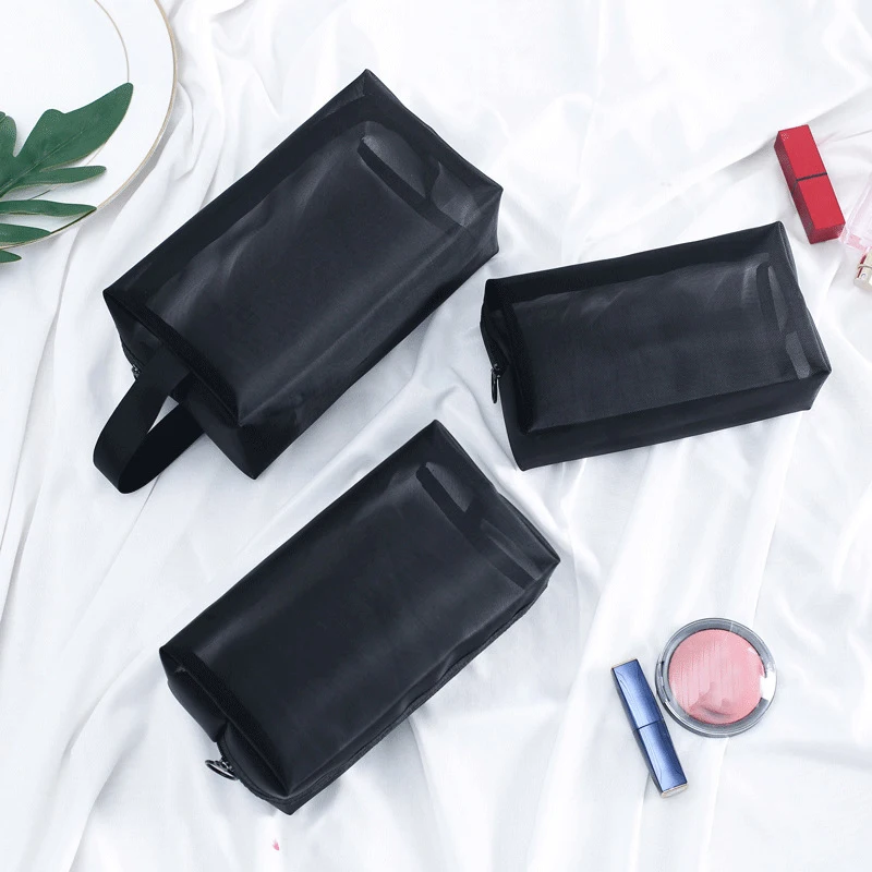 Borsa per cosmetici trasparente in rete nera custodia per il trucco borsa per il trucco con cerniera da viaggio borsa per il trucco borsa per il