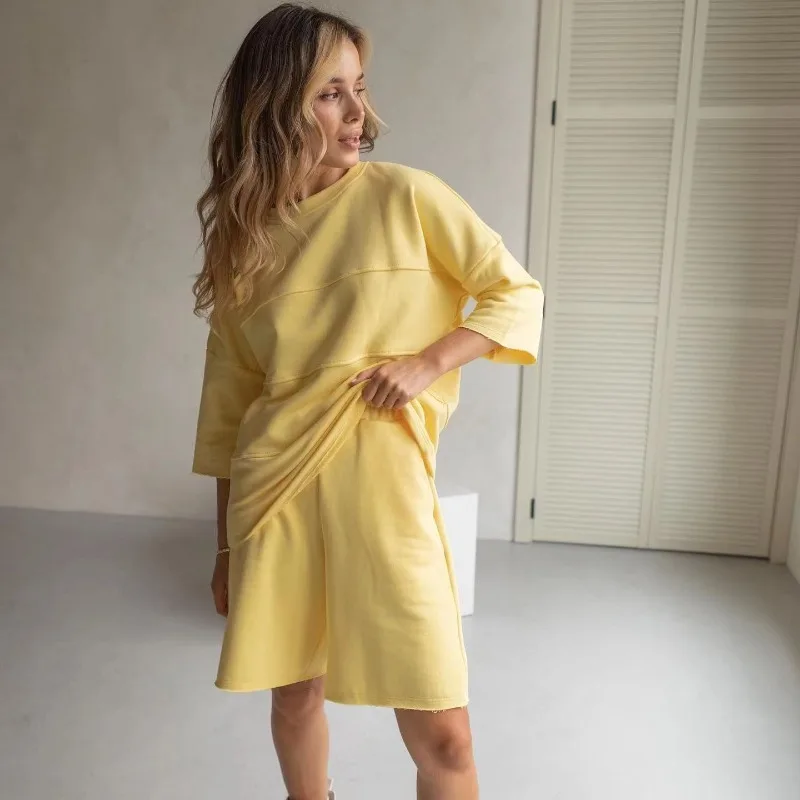 

Women's Casual Pajamas Set Suit Featuring Round Neck Loose Fit Short Sleeve Tops Comfortable Straight Leg Cotton Shorts XL Size