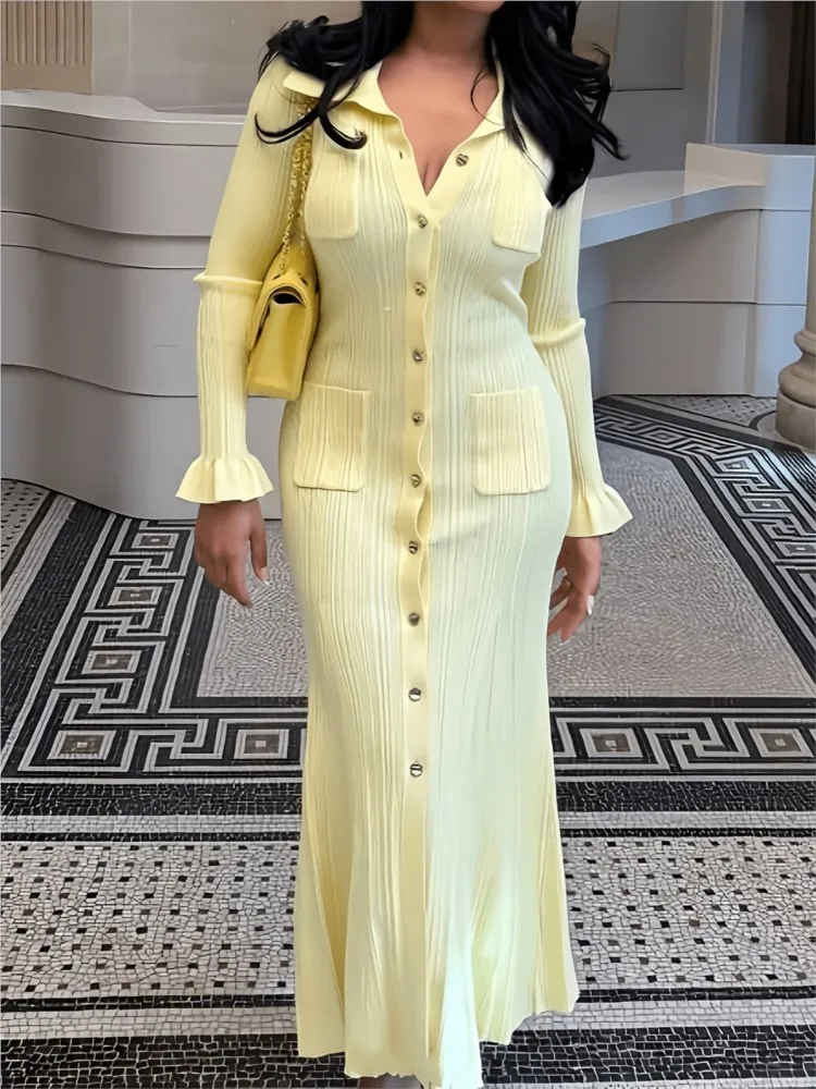 فستان محبوك أنيق للنساء ذو طية صدر السترة النحيفة وأكمام مضيئة وجيوب فساتين نسائية للخريف فساتين طويلة متينة فساتين عصرية #6