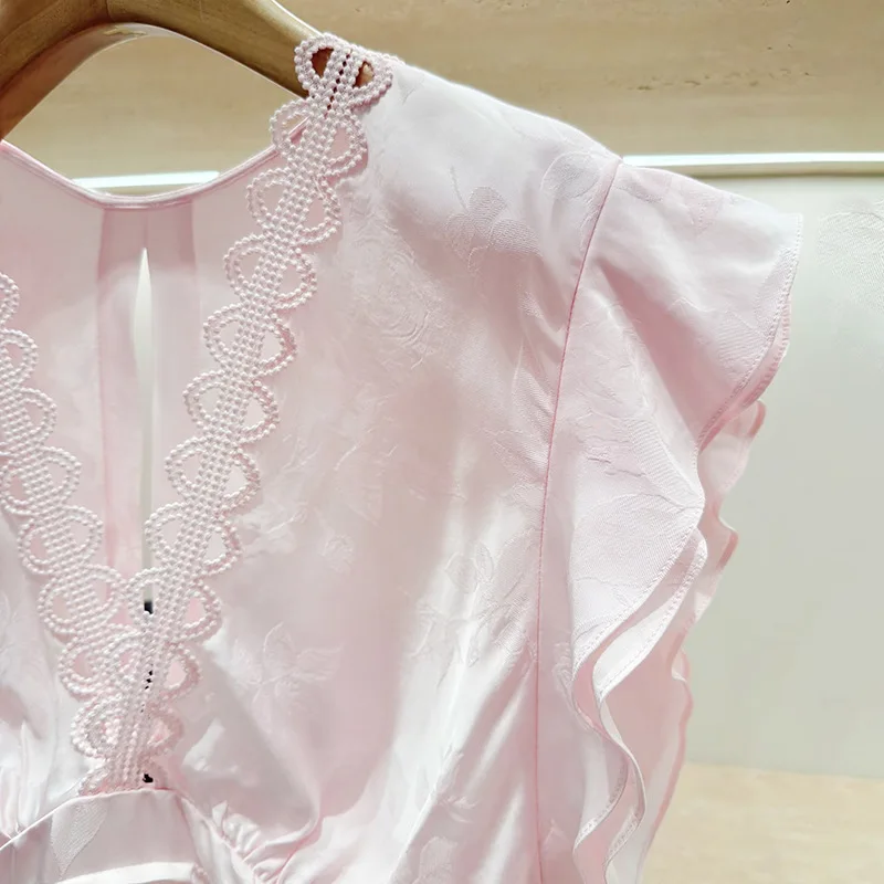 

Женская блузка с круглым вырезом, кружевными оборками, рукавами-крылышками, однотонная, с розовой отделкой, драпировкой на талии и завязками сзади, элегантный топ для весны/лета