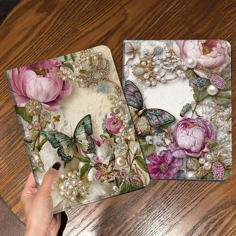 

Vintage Flower Butterfly Pearl Tablet Case For Apple iPad Air Pro mini 1 2 3 4 5 6 7 8 9 11 M2 M3 M5 M4 5th 6th 7th 10th 11th