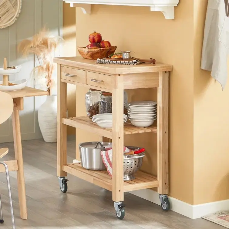 Natürlicher Bambus Wood Esszimmer-Trolley-Wagen Bambus Wood Rolling-Kücheninsel-Wagen Mit Wheels Mit 2-Drawer Und Storage