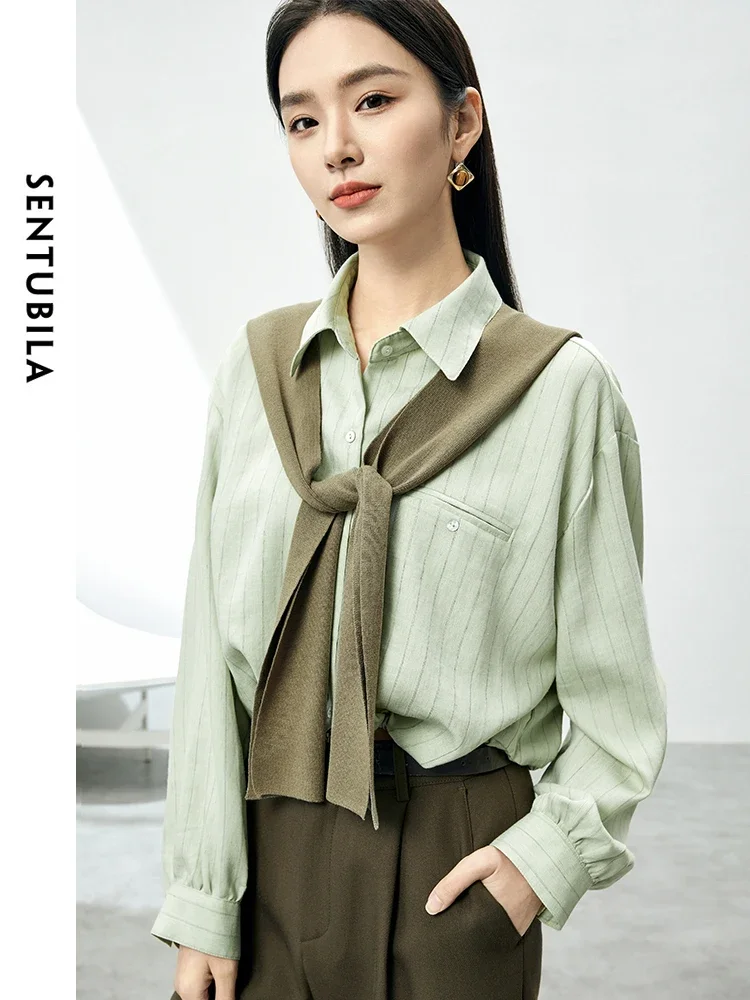 SENTUBILA Knit Wrap Shirts 2 Piece Set Women 2025 Spring Green Striped Linen Blend Long Sleeve Button Down Shirts Tops 141C53495