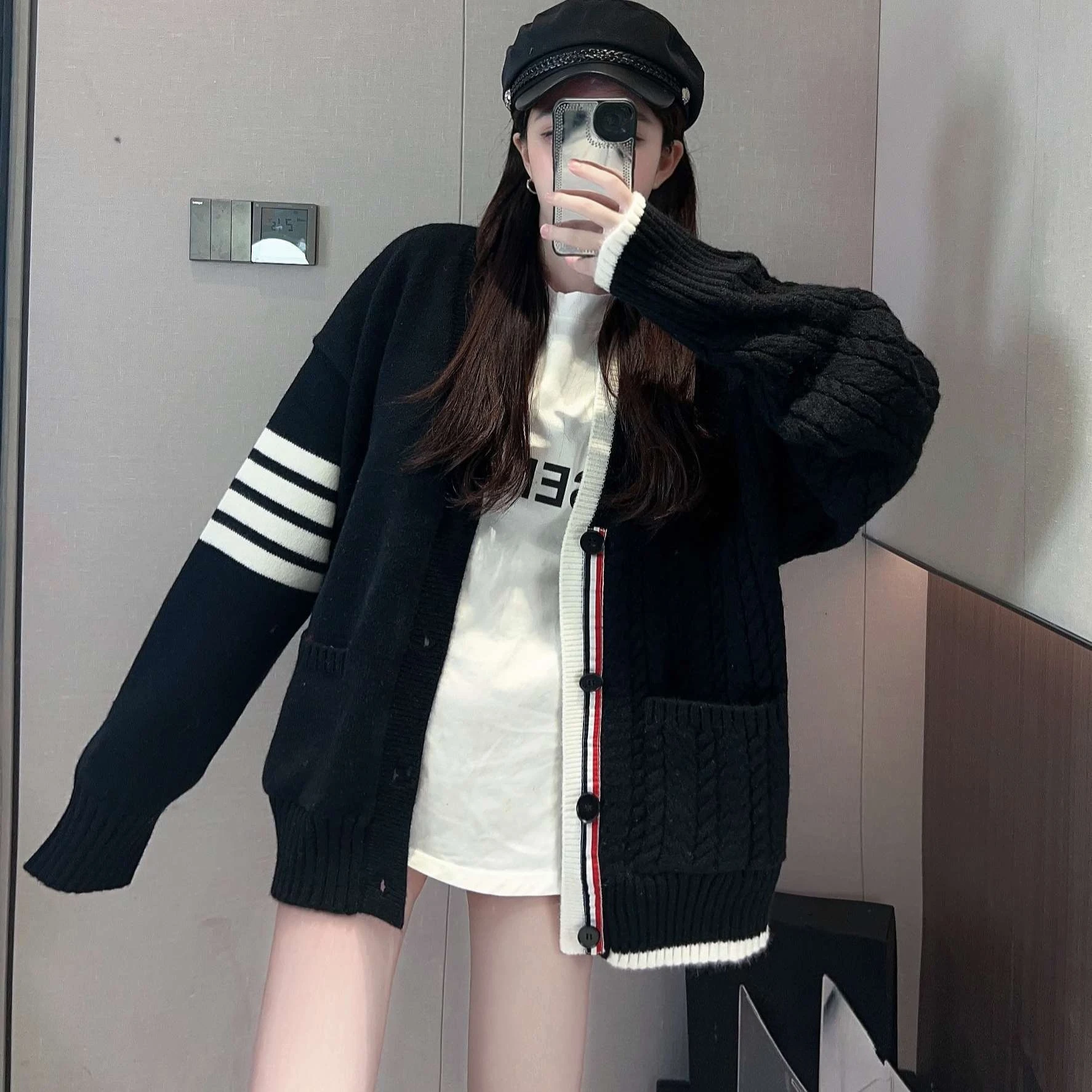 

women double-parcel twist contrasting color casual oversized cardigan long coat female Spring autumn V-neck wool knitted sweater