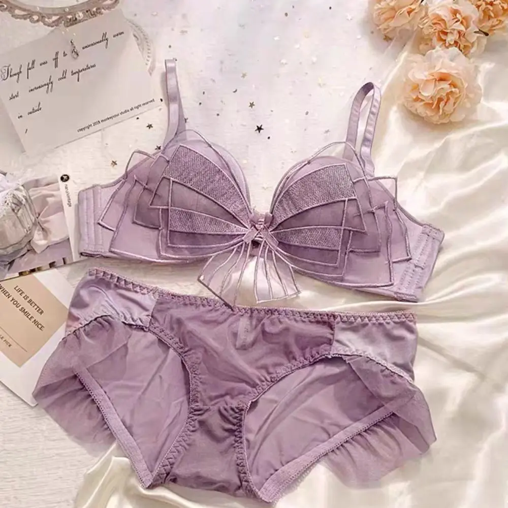 Reggiseno con fiocco in rete senza fili alla moda con volant a vita bassa, set di lingerie dolce, reggiseno intimo push up, mutandine da spiaggia
