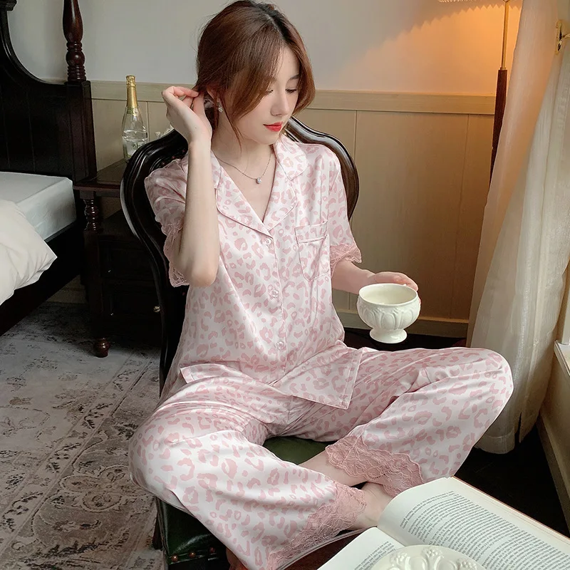 Women\'s Pajamas Sets Spring Summer 2 Piece Leopard Lace Pyjama Faux Silk Satin Sleepwear Short Sleeve Pijama Mujer Pjs Homewear