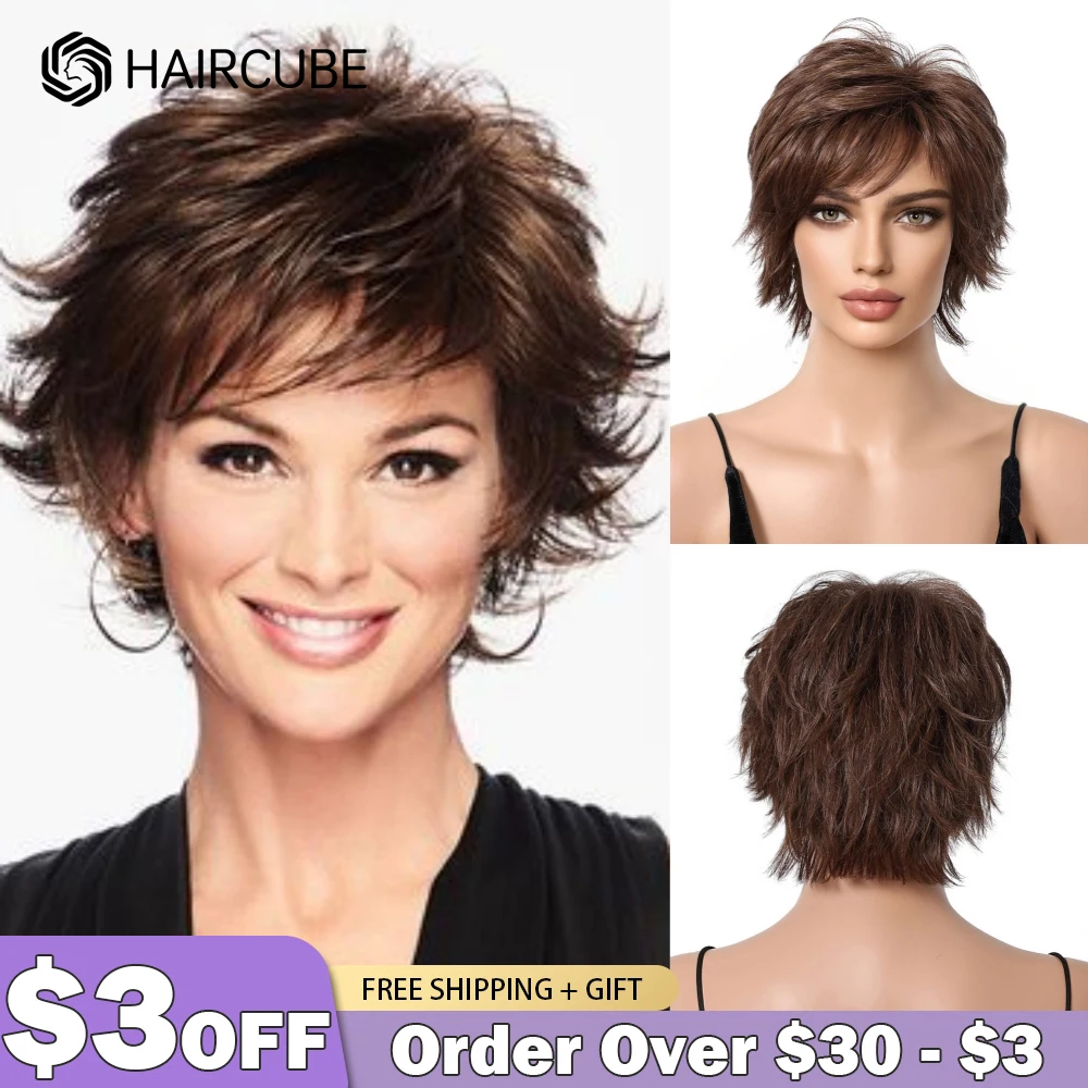 Perruque Naturelle Coupe Pixie avec Frange pour Femme, Cheveux Humains Courts, Brun Châtaigne, Layered Wavy Bob Blend, 03/Perruque