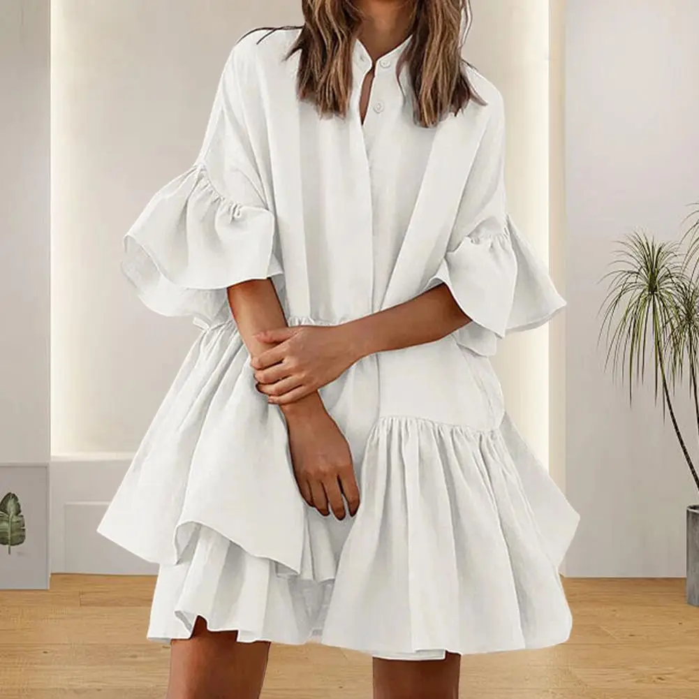 2025 verão nova cor pura vestido de verão sexy gravata frente cintura elástica em camadas plissado camada balão floral manga longa vestido solto