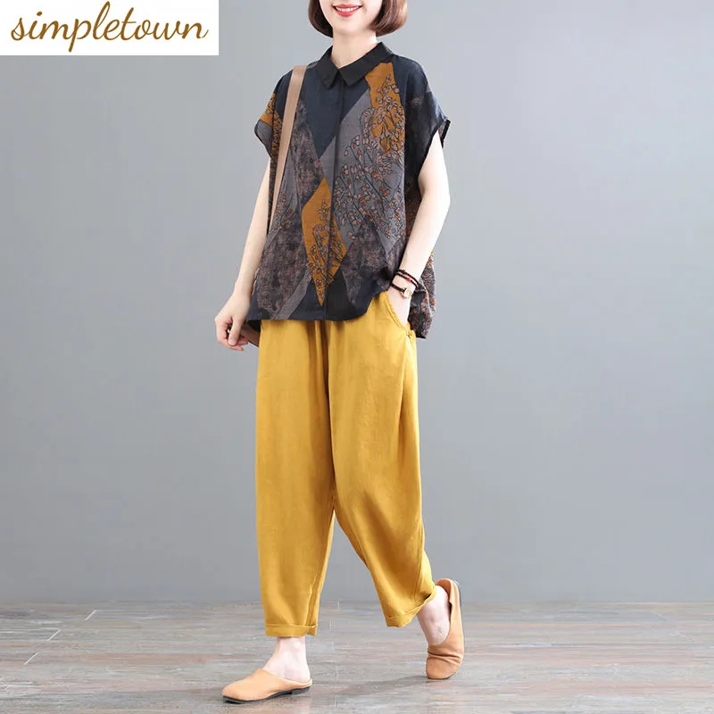 

Vintage Printed Pure Cotton Short Sleeved T-shirt Loose Wide Leg Pants Two-piece Elegant Women's Pants Set Summer Outfits