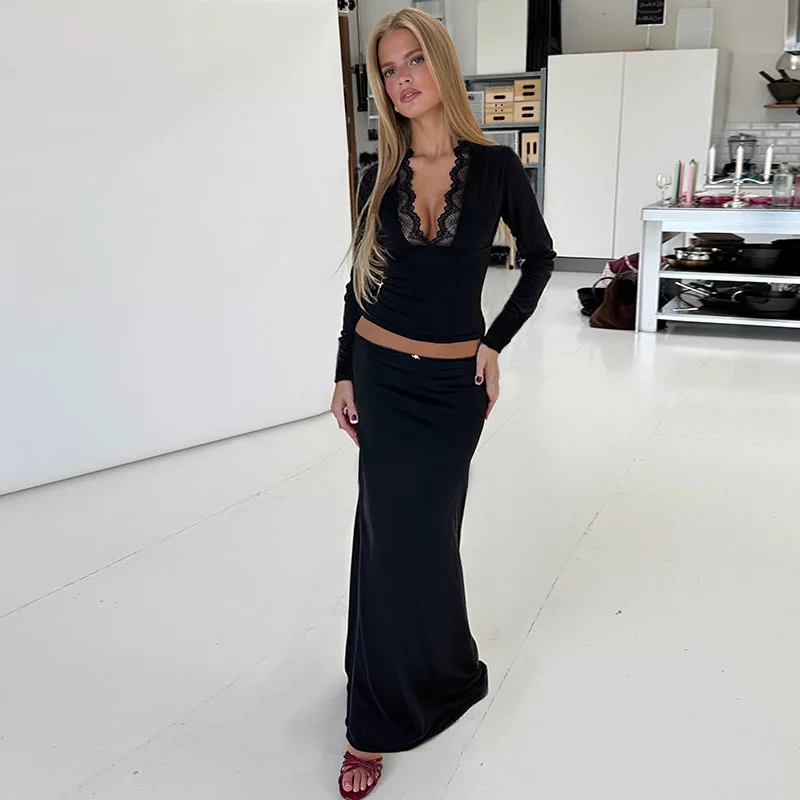 Setelan Dua Potong Tornova Lace T-shirt dan Rok Wanita Seksi dengan Atasan Slim Plunge dan Rok Panjang Pinggang Tinggi yang Elegan untuk Liburan