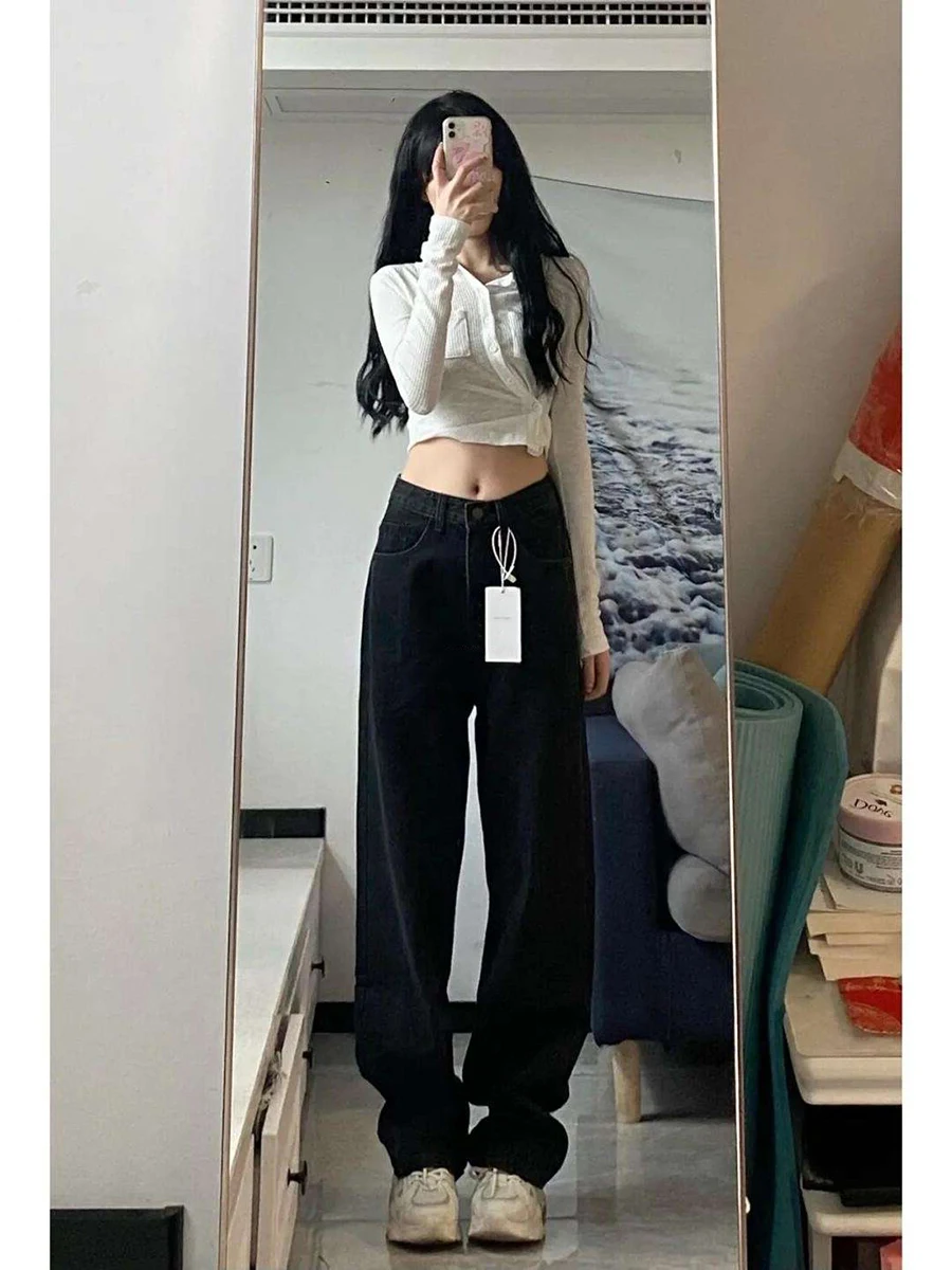 التخسيس عالية الخصر واسعة الساق الجينز المرأة الصيف رقيقة حجم كبير فضفاض طويل مستقيم قطع الدينيم السراويل العصرية Ins Sle الأزرق العميق