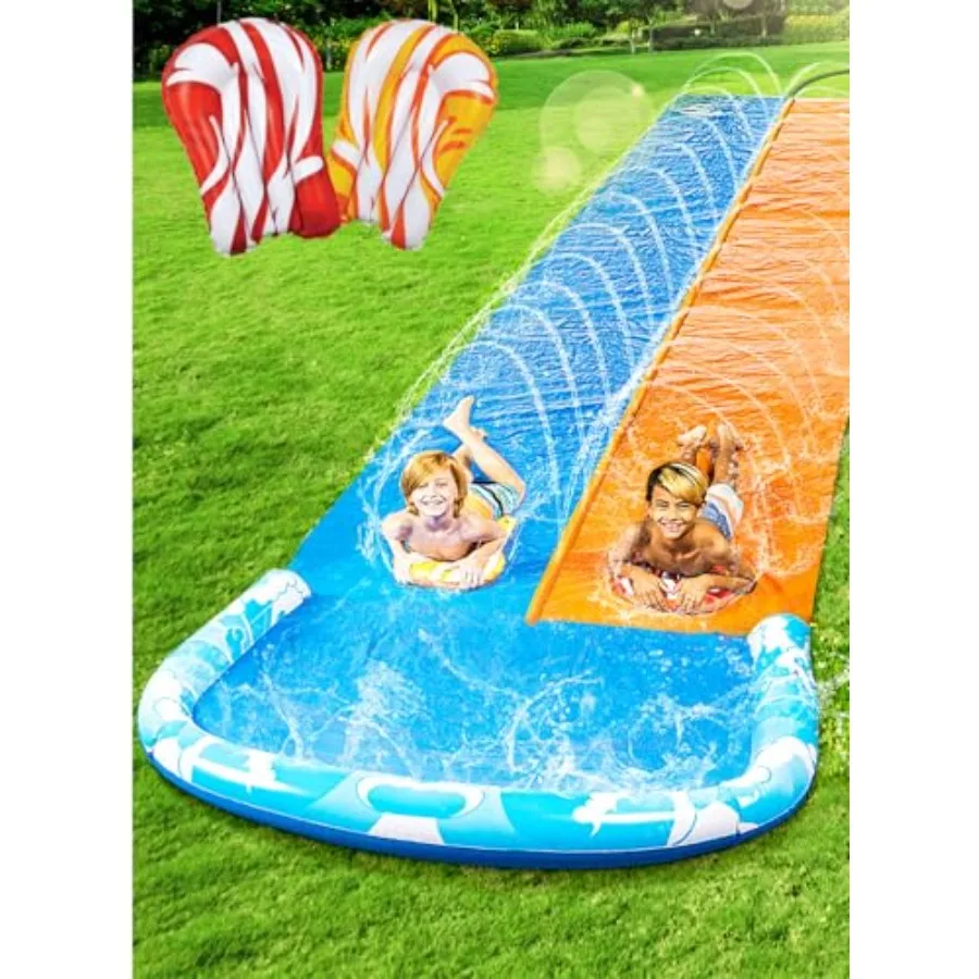 

32.5FT Water Slide with 2 Inflatable Boards Extra Long Double Lawn Heavy Duty Splash Mat Pad Sprinkler for Adults Backyard Summ