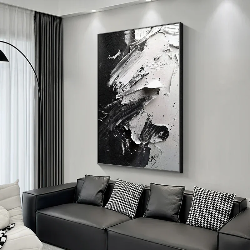 Hand Drawn Black and White Abstract Simple Modern Living Room Floor Painting, High-end Art Entrance Hanging Painting