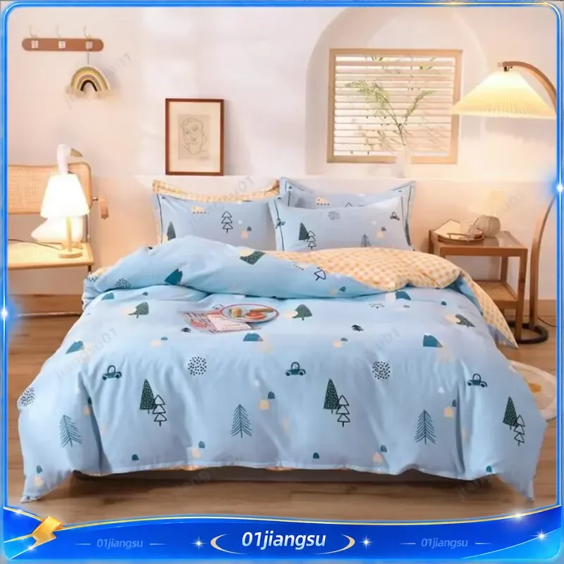 100% Cotton Bedding Set 4 Piece Spring Summer Thickened Sanded Bed Sheet Duvet Cover Pillowcase Single Person Soft Breathable