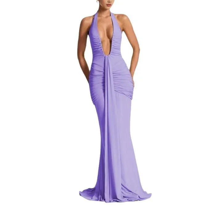 Elegant Deep V Backless Mermaid Gown White Evening Dress with Flowing Sash Sexy Bodycon Maxi Dress Banquet Party