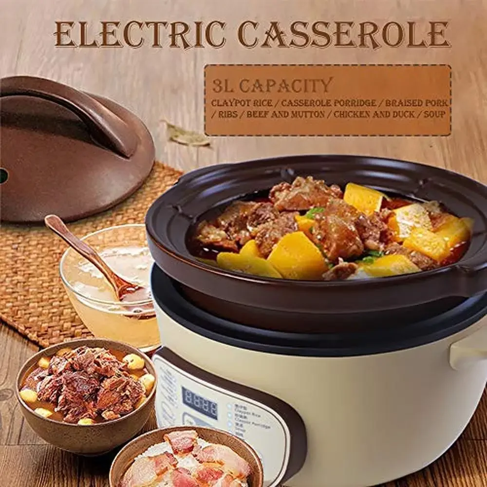 Electric Clay Pot Slow Cooker Casserole Porridge Ceramic Cooking  3L Capacity Unglazed Inner ARC Heating Chassis Natural