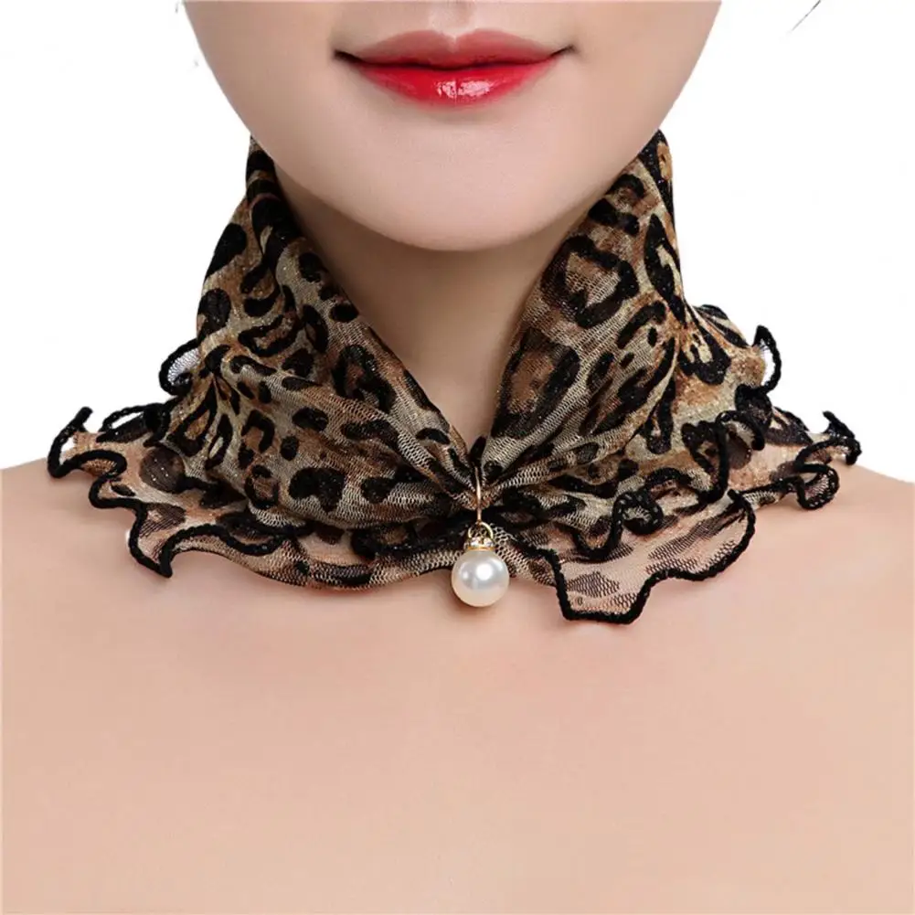 

Women's Printed Scarf Imitation Pearl Pendant Decor Lace Trim Silk Scarf Fashion Ruffle Edge Scarf for Banquet