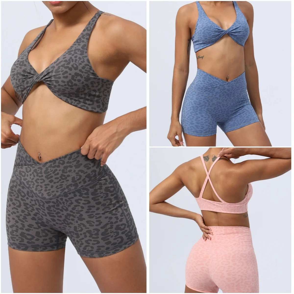 Women Gym Set Yoga Wear Suit Sports Bra V Cross Waist Fitness Shorts Leopard Yoga Suit 2 Piece Workout Outfit Women Sportswear