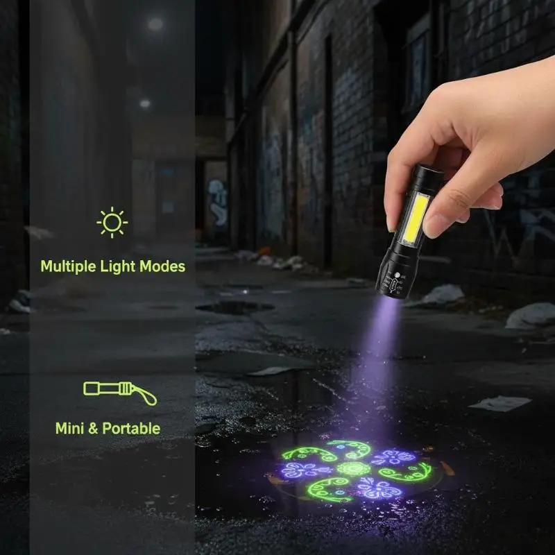 Mini Super Bright LED Flashlight With COB Side Light USB Rechargeable Zoomable For Camping Hiking Daily Use