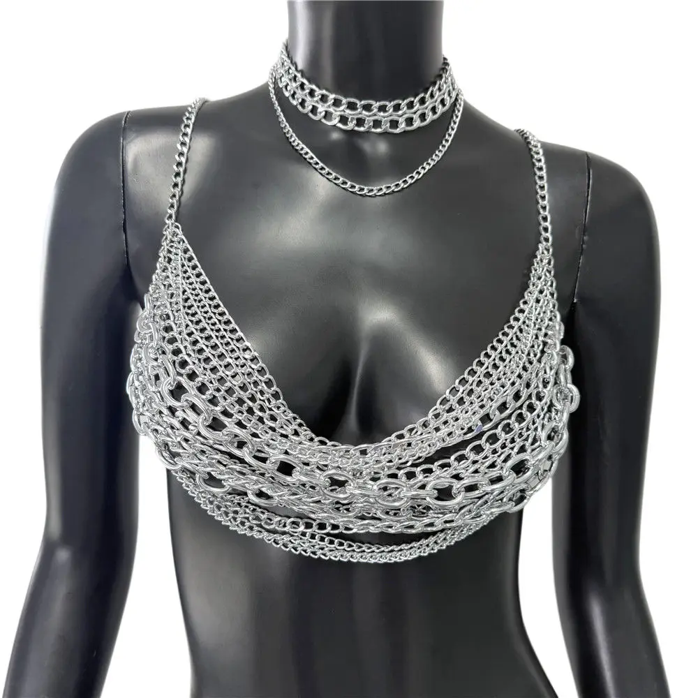 

Women Metal Chain Tassel Design Crop Top With Necklace Sexy Backless Deep Neck Hollow Out Tank Top Summer Party Club Camisole